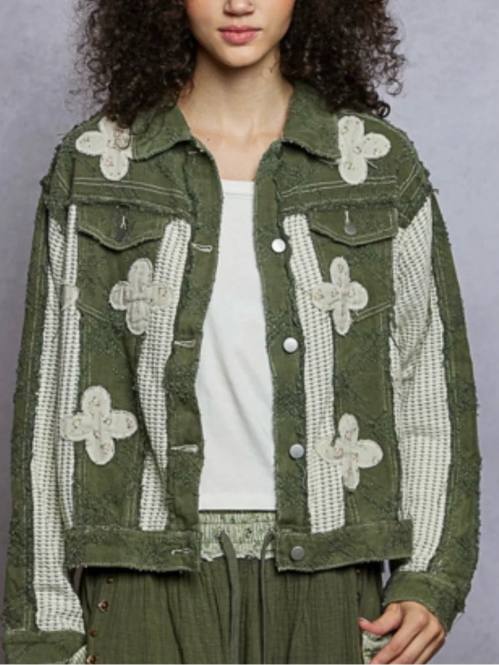 POL Clothing Floral Patchwork Frayed Twill Jacket L Boho Distressed Shacket